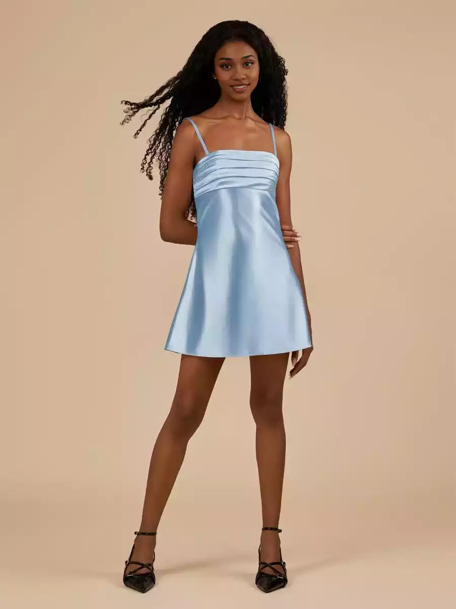 Stunning tight satin thin shoulder strap sleeveless silhouette with lace up back Homecoming Dresses